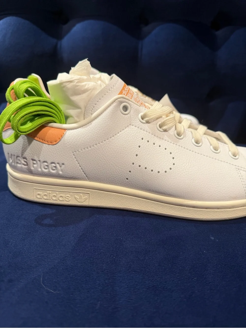 adidas White Leather Sneakers with Green & Orange Tongue Accents